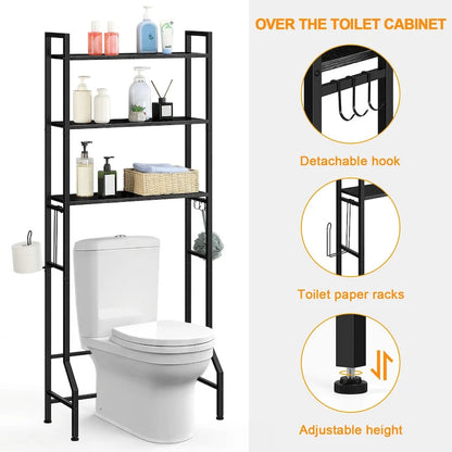 3 Tier Above Toilet Storage Rack for Bathroom with Metal Frame and Hooks