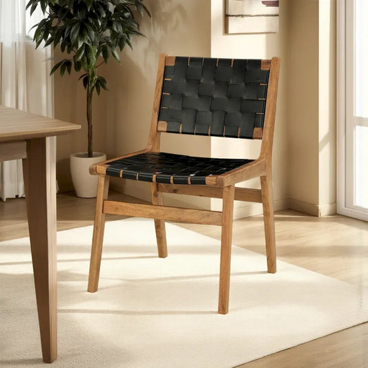 Dinno Dining Side Chair Set of 2, Brown Wood, Black Woven Leather Seat