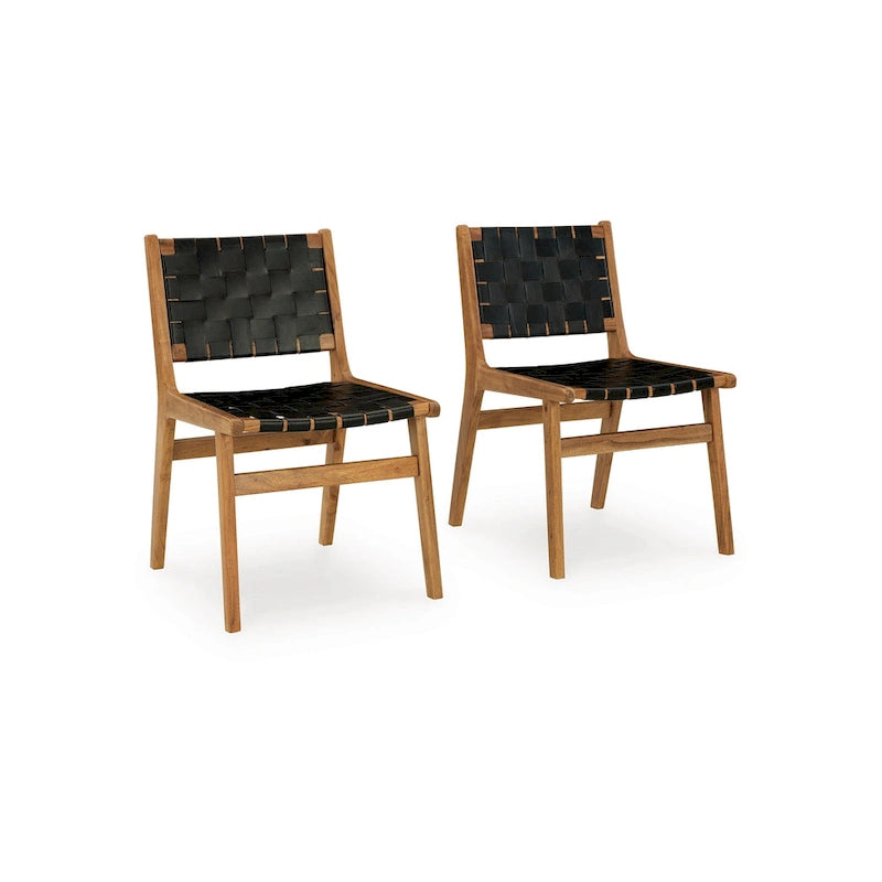 Dinno Dining Side Chair Set of 2, Brown Wood, Black Woven Leather Seat