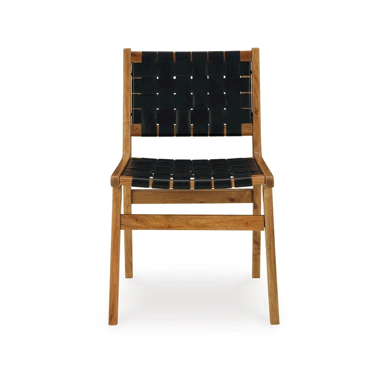 Dinno Dining Side Chair Set of 2, Brown Wood, Black Woven Leather Seat