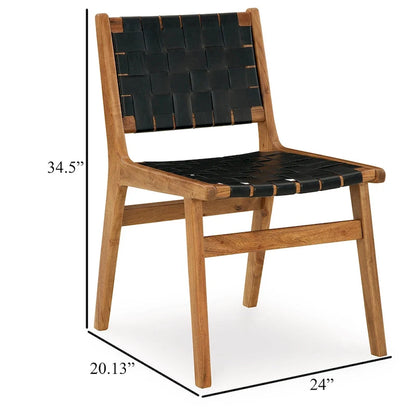 Dinno Dining Side Chair Set of 2, Brown Wood, Black Woven Leather Seat