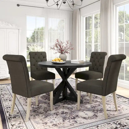 5 Piece Dining Table Set, Wooden Kitchen Furniture Set, Round Table with Cross-Buck Pedestal Base and 4 Tufted Chairs