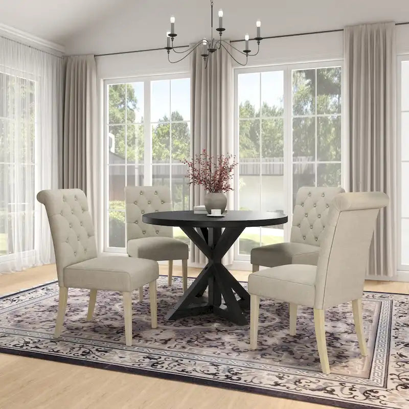 5 Piece Dining Table Set, Wooden Kitchen Furniture Set, Round Table with Cross-Buck Pedestal Base and 4 Tufted Chairs
