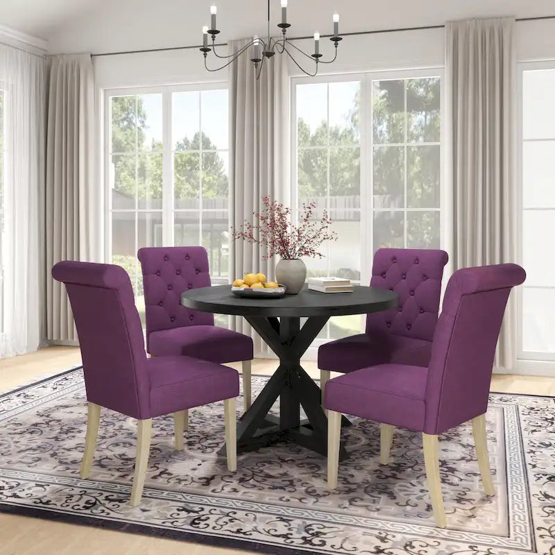 5 Piece Dining Table Set, Wooden Kitchen Furniture Set, Round Table with Cross-Buck Pedestal Base and 4 Tufted Chairs