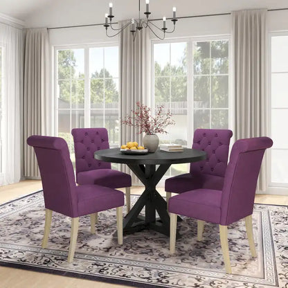 5 Piece Dining Table Set, Wooden Kitchen Furniture Set, Round Table with Cross-Buck Pedestal Base and 4 Tufted Chairs