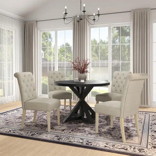 5 Piece Dining Table Set, Wooden Kitchen Furniture Set, Round Table with Cross-Buck Pedestal Base and 4 Tufted Chairs