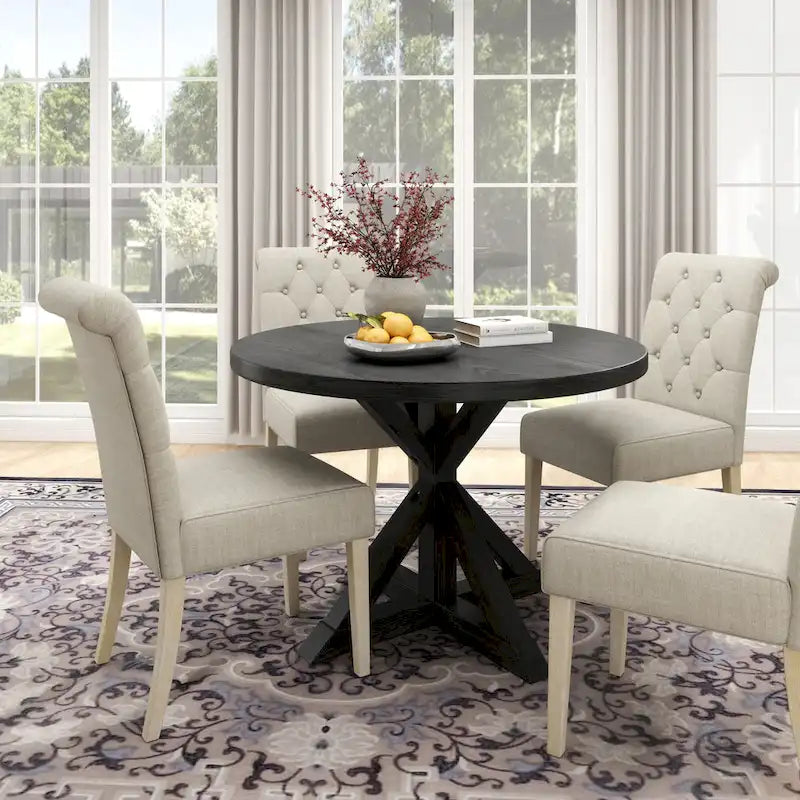 5 Piece Dining Table Set, Wooden Kitchen Furniture Set, Round Table with Cross-Buck Pedestal Base and 4 Tufted Chairs