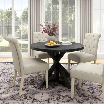 5 Piece Dining Table Set, Wooden Kitchen Furniture Set, Round Table with Cross-Buck Pedestal Base and 4 Tufted Chairs