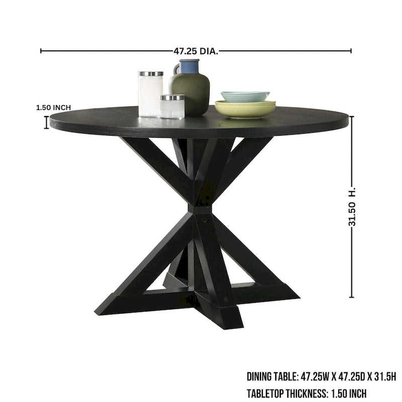 5 Piece Dining Table Set, Wooden Kitchen Furniture Set, Round Table with Cross-Buck Pedestal Base and 4 Tufted Chairs