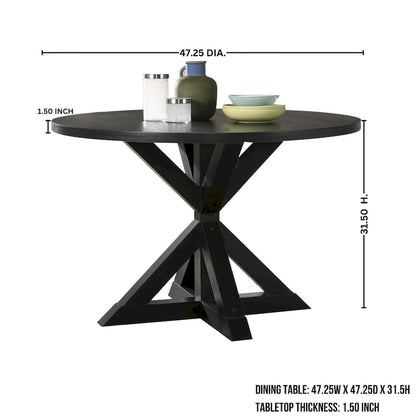 5 Piece Dining Table Set, Wooden Kitchen Furniture Set, Round Table with Cross-Buck Pedestal Base and 4 Tufted Chairs