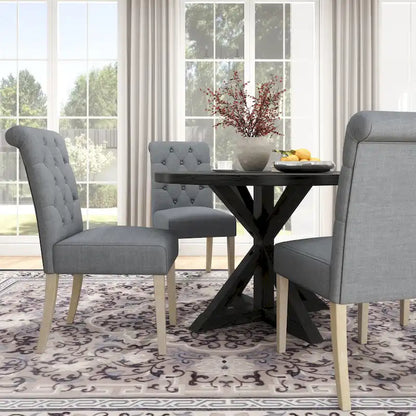 5 Piece Dining Table Set, Wooden Kitchen Furniture Set, Round Table with Cross-Buck Pedestal Base and 4 Tufted Chairs