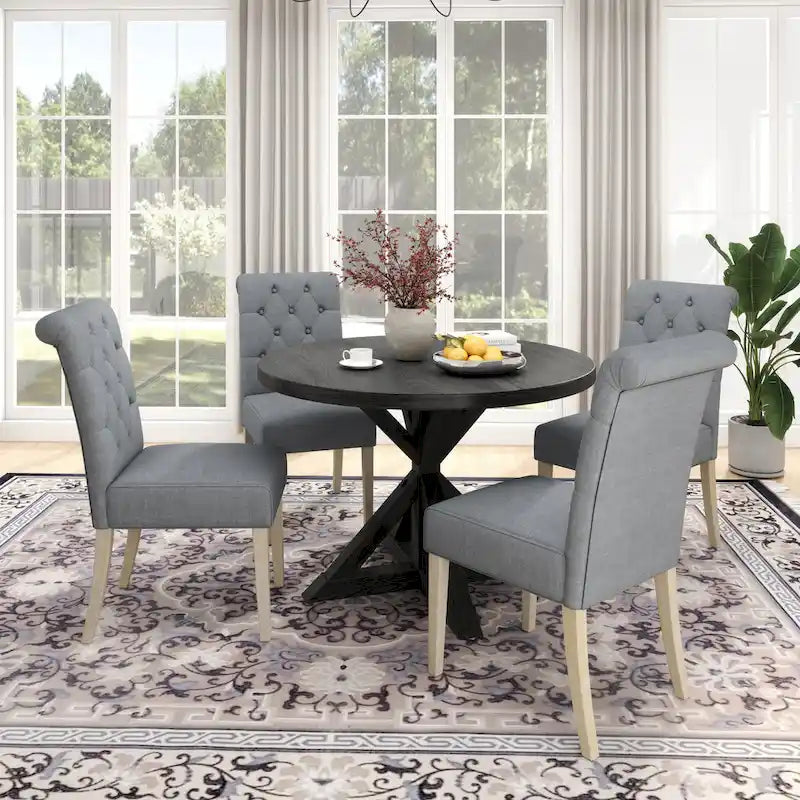 5 Piece Dining Table Set, Wooden Kitchen Furniture Set, Round Table with Cross-Buck Pedestal Base and 4 Tufted Chairs