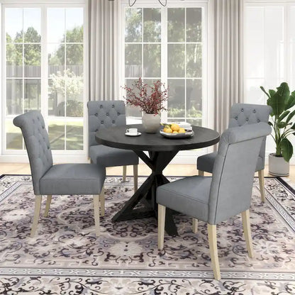 5 Piece Dining Table Set, Wooden Kitchen Furniture Set, Round Table with Cross-Buck Pedestal Base and 4 Tufted Chairs