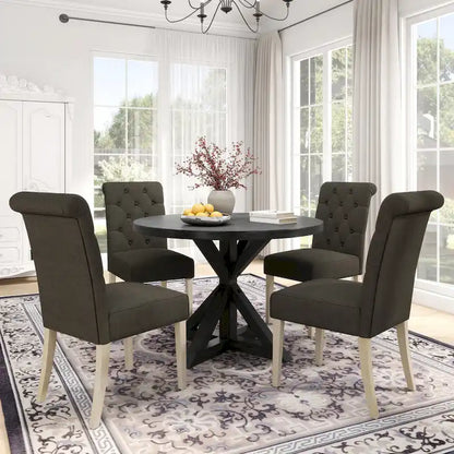 5 Piece Dining Table Set, Wooden Kitchen Furniture Set, Round Table with Cross-Buck Pedestal Base and 4 Tufted Chairs