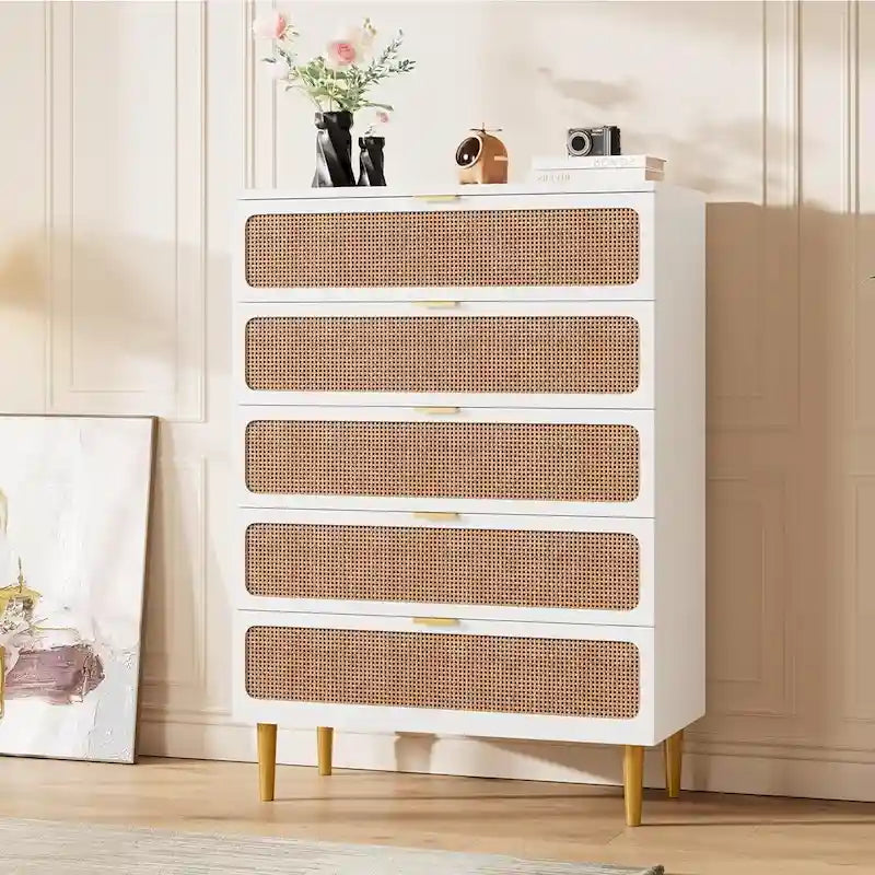 Rattan 5 Drawer Dressers for Bedroom, Hallway