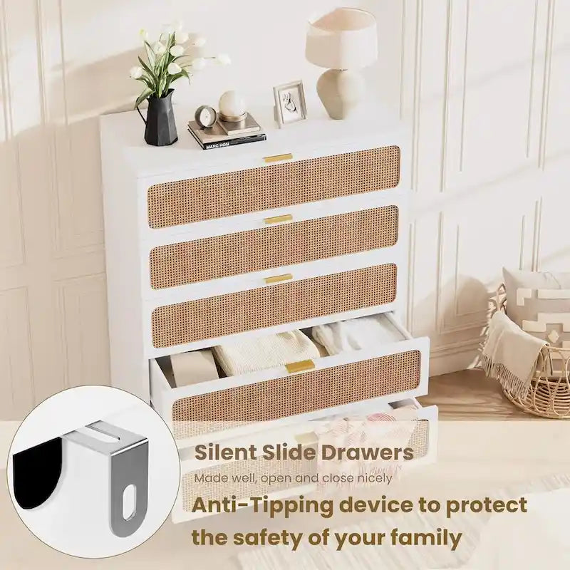 Rattan 5 Drawer Dressers for Bedroom, Hallway
