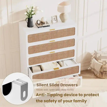 Rattan 5 Drawer Dressers for Bedroom, Hallway