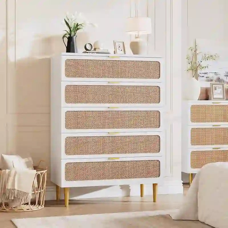 Rattan 5 Drawer Dressers for Bedroom, Hallway