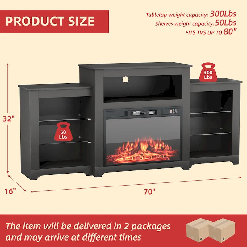 32 H TV Stand with Fireplace for TVs up to 80 - Remote Control, Energy-Efficient Heater, 16-Color Light Strip