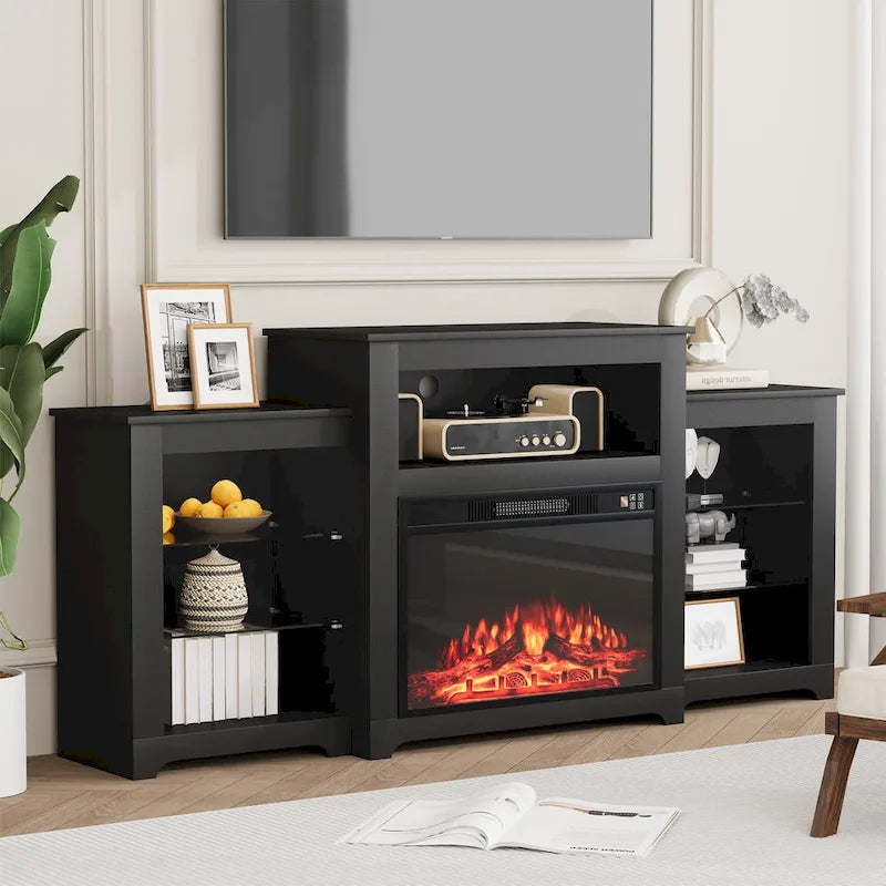 32 H TV Stand with Fireplace for TVs up to 80 - Remote Control, Energy-Efficient Heater, 16-Color Light Strip