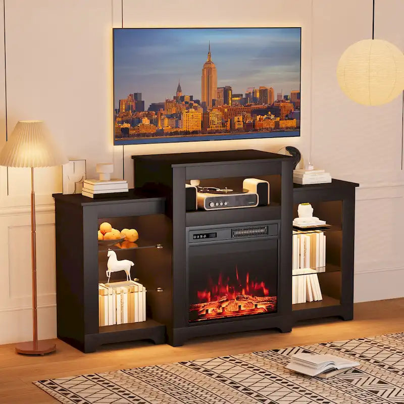 32 H TV Stand with Fireplace for TVs up to 80 - Remote Control, Energy-Efficient Heater, 16-Color Light Strip