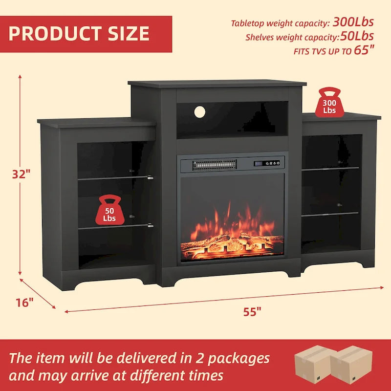 32 H TV Stand with Fireplace for TVs up to 80 - Remote Control, Energy-Efficient Heater, 16-Color Light Strip