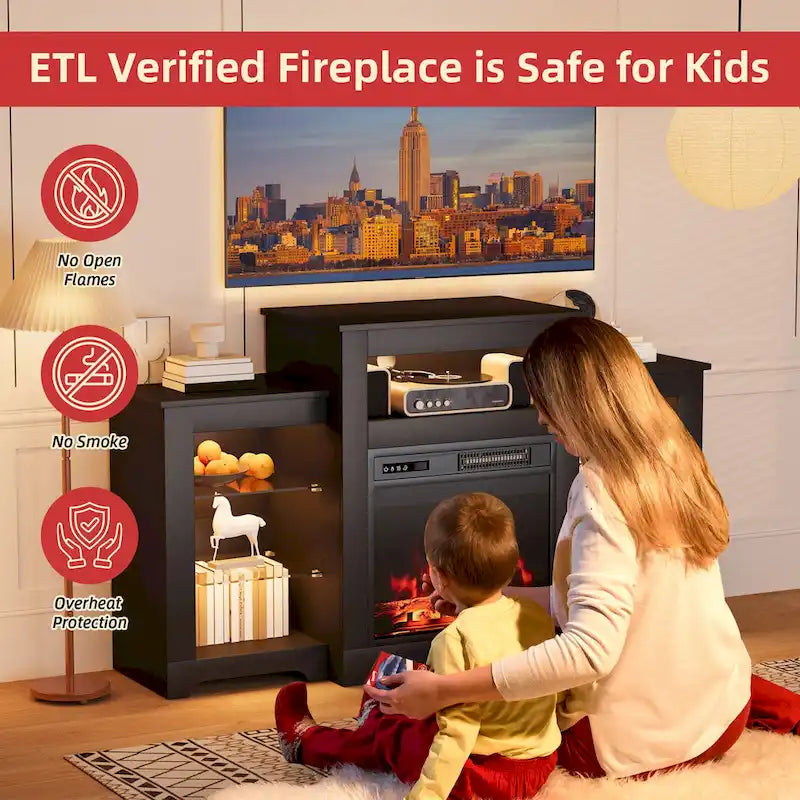 32 H TV Stand with Fireplace for TVs up to 80 - Remote Control, Energy-Efficient Heater, 16-Color Light Strip