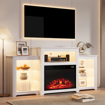 32 H TV Stand with Fireplace for TVs up to 80 - Remote Control, Energy-Efficient Heater, 16-Color Light Strip