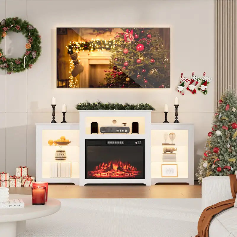 32 H TV Stand with Fireplace for TVs up to 80 - Remote Control, Energy-Efficient Heater, 16-Color Light Strip