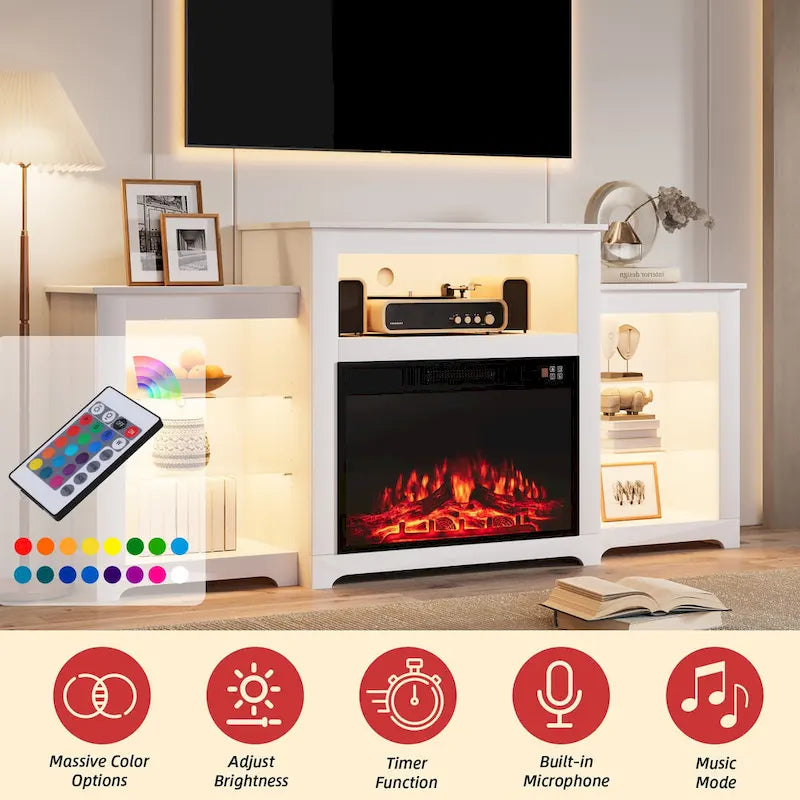 32 H TV Stand with Fireplace for TVs up to 80 - Remote Control, Energy-Efficient Heater, 16-Color Light Strip