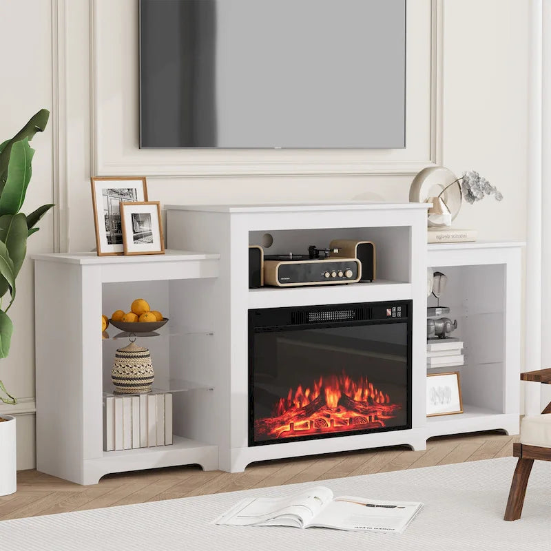 32 H TV Stand with Fireplace for TVs up to 80 - Remote Control, Energy-Efficient Heater, 16-Color Light Strip