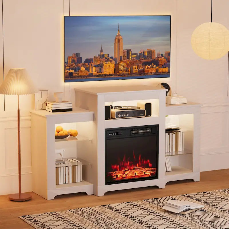 32 H TV Stand with Fireplace for TVs up to 80 - Remote Control, Energy-Efficient Heater, 16-Color Light Strip