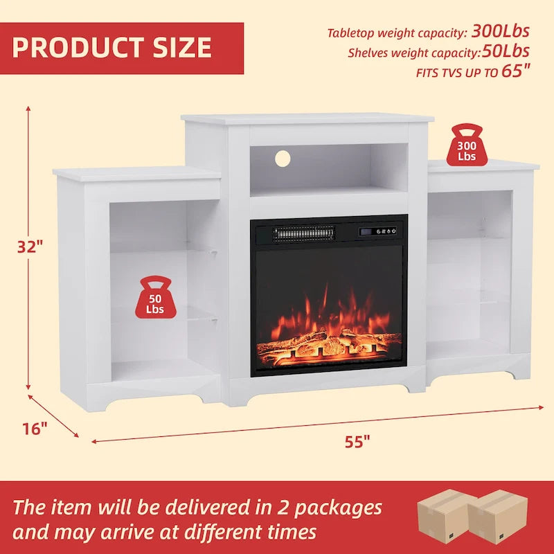 32 H TV Stand with Fireplace for TVs up to 80 - Remote Control, Energy-Efficient Heater, 16-Color Light Strip