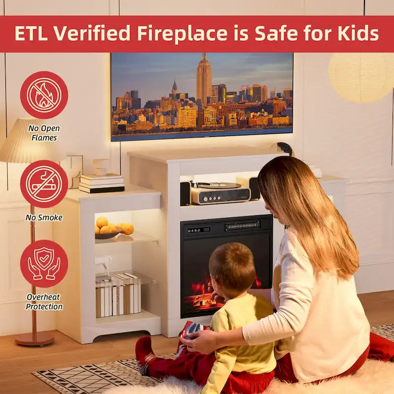 32 H TV Stand with Fireplace for TVs up to 80 - Remote Control, Energy-Efficient Heater, 16-Color Light Strip