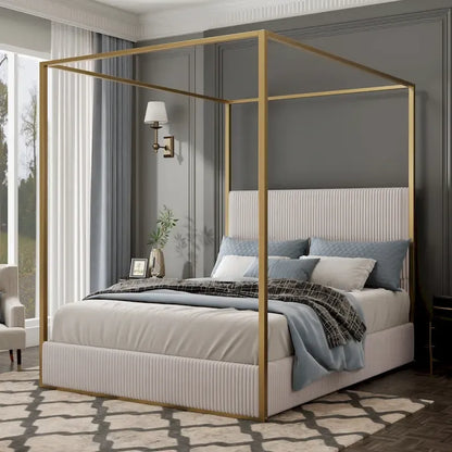 Metal Canopy Frame Platform Bed with Vertical Stripe Upholstered Headboard Wingback Bed, Four Poster Bed, Low Profile Panel Bed