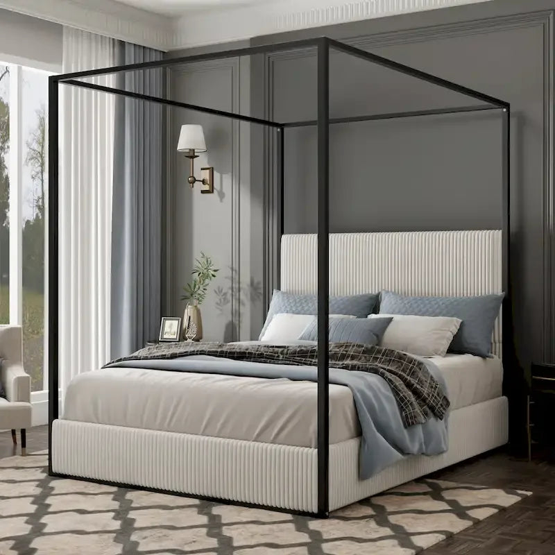 Metal Canopy Frame Platform Bed with Vertical Stripe Upholstered Headboard Wingback Bed, Four Poster Bed, Low Profile Panel Bed