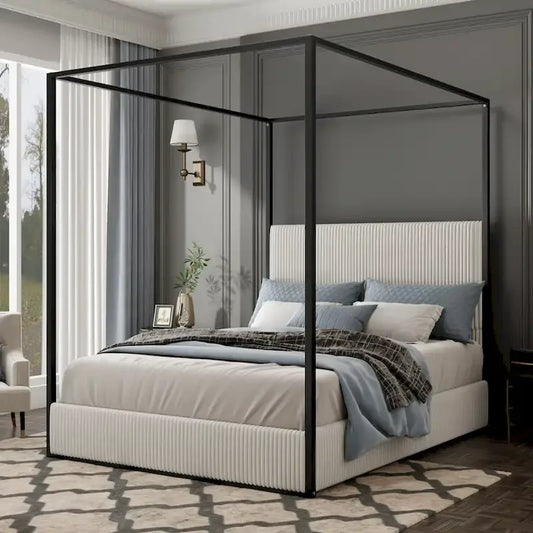 Metal Canopy Frame Platform Bed with Vertical Stripe Upholstered Headboard Wingback Bed, Four Poster Bed, Low Profile Panel Bed