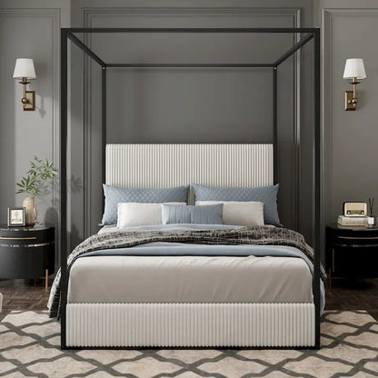 Metal Canopy Frame Platform Bed with Vertical Stripe Upholstered Headboard Wingback Bed, Four Poster Bed, Low Profile Panel Bed