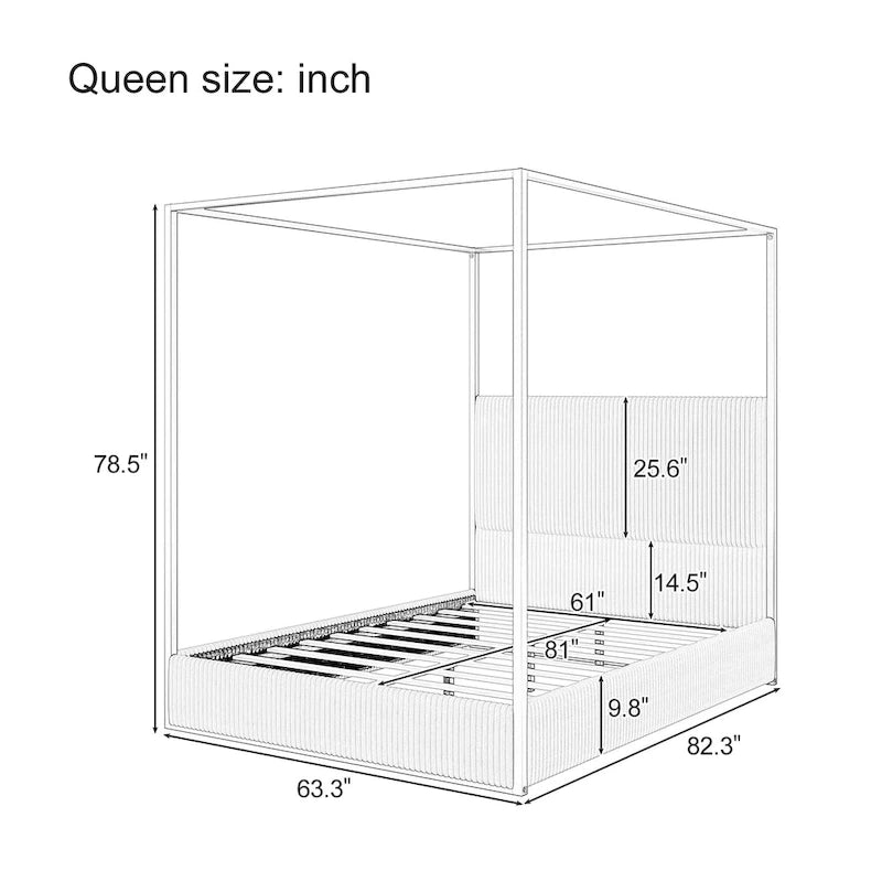 Metal Canopy Frame Platform Bed with Vertical Stripe Upholstered Headboard Wingback Bed, Four Poster Bed, Low Profile Panel Bed