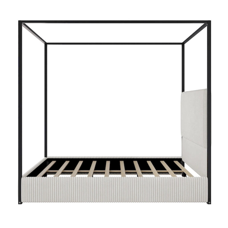 Metal Canopy Frame Platform Bed with Vertical Stripe Upholstered Headboard Wingback Bed, Four Poster Bed, Low Profile Panel Bed