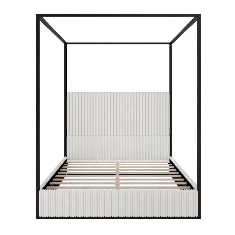 Metal Canopy Frame Platform Bed with Vertical Stripe Upholstered Headboard Wingback Bed, Four Poster Bed, Low Profile Panel Bed