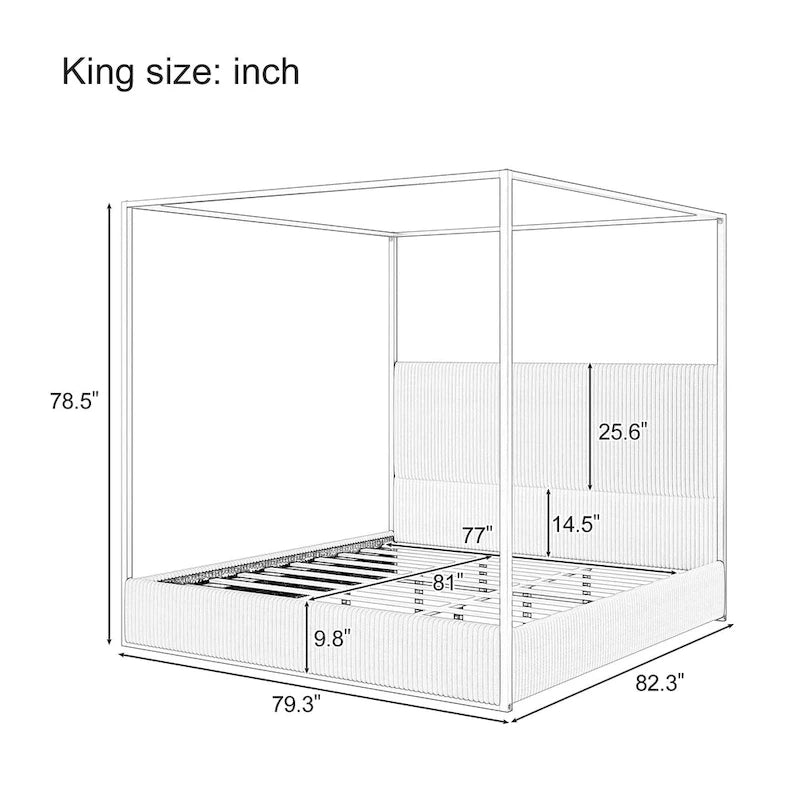Metal Canopy Frame Platform Bed with Vertical Stripe Upholstered Headboard Wingback Bed, Four Poster Bed, Low Profile Panel Bed