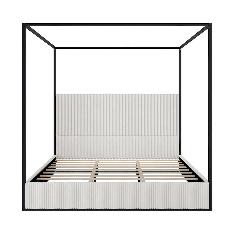 Metal Canopy Frame Platform Bed with Vertical Stripe Upholstered Headboard Wingback Bed, Four Poster Bed, Low Profile Panel Bed