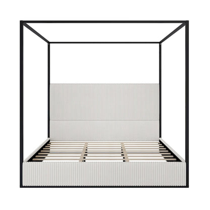 Metal Canopy Frame Platform Bed with Vertical Stripe Upholstered Headboard Wingback Bed, Four Poster Bed, Low Profile Panel Bed