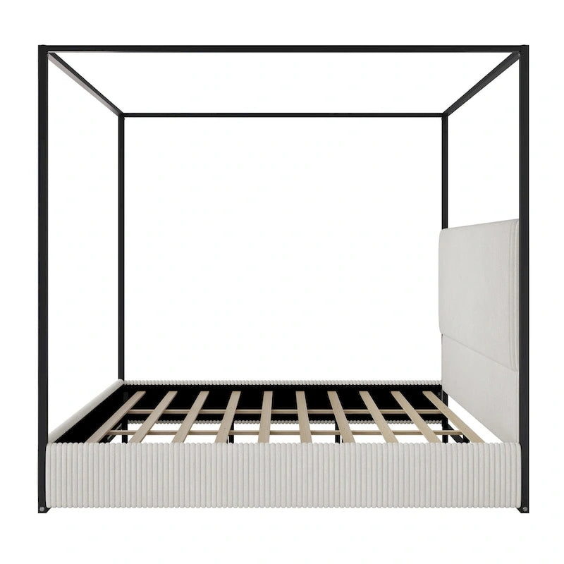 Metal Canopy Frame Platform Bed with Vertical Stripe Upholstered Headboard Wingback Bed, Four Poster Bed, Low Profile Panel Bed
