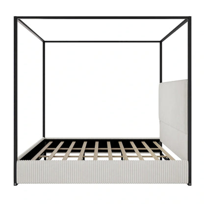Metal Canopy Frame Platform Bed with Vertical Stripe Upholstered Headboard Wingback Bed, Four Poster Bed, Low Profile Panel Bed