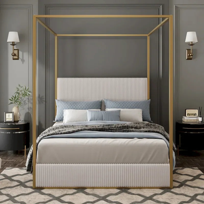 Metal Canopy Frame Platform Bed with Vertical Stripe Upholstered Headboard Wingback Bed, Four Poster Bed, Low Profile Panel Bed