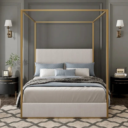 Metal Canopy Frame Platform Bed with Vertical Stripe Upholstered Headboard Wingback Bed, Four Poster Bed, Low Profile Panel Bed