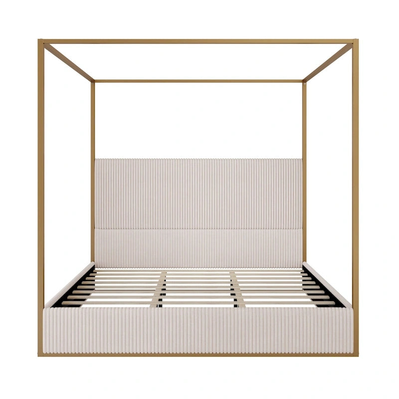 Metal Canopy Frame Platform Bed with Vertical Stripe Upholstered Headboard Wingback Bed, Four Poster Bed, Low Profile Panel Bed