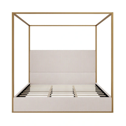 Metal Canopy Frame Platform Bed with Vertical Stripe Upholstered Headboard Wingback Bed, Four Poster Bed, Low Profile Panel Bed